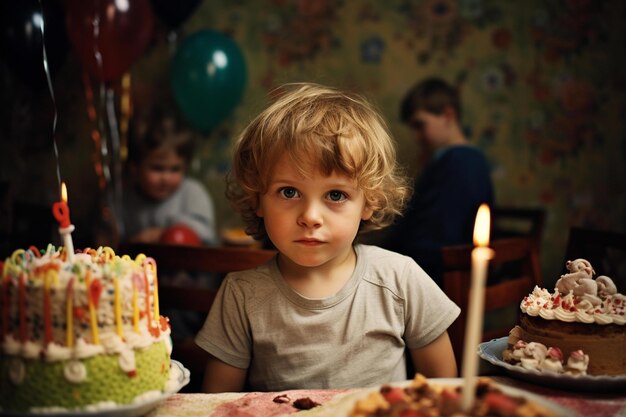 A boy in a grey shirt is blowing out candles on a cake.