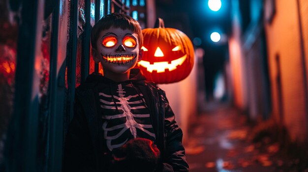 Photo a boy in halloween costume with pumpkins on his face