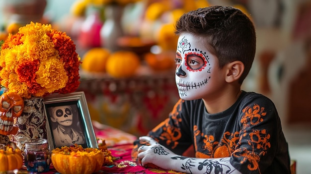 Photo a boy in halloween costumes sits next to a picture of a boy with a skull and flowers