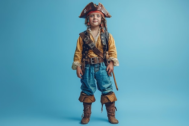 Boy in Halloween Pirate Costume on Solid Blue Background