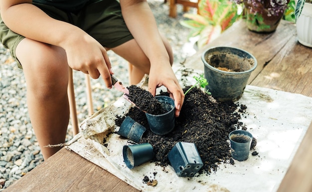 Boy hands shoveling soil into pots to prepare plants for planting leisure activities concept