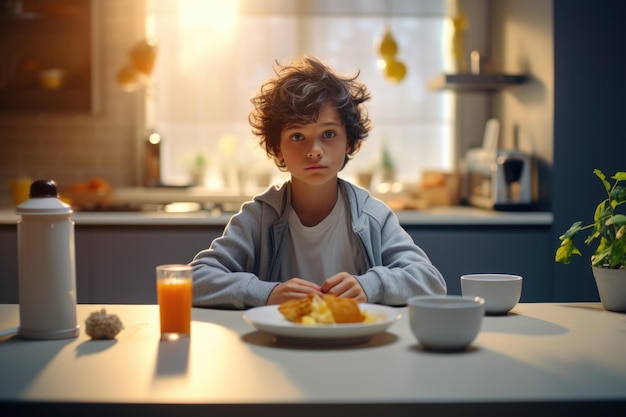 The boy has breakfast in the morning at the kitchen table