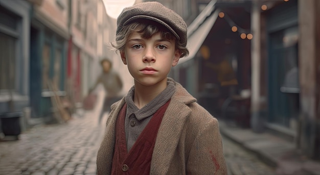 A boy in a hat stands in an alley in stockholm.