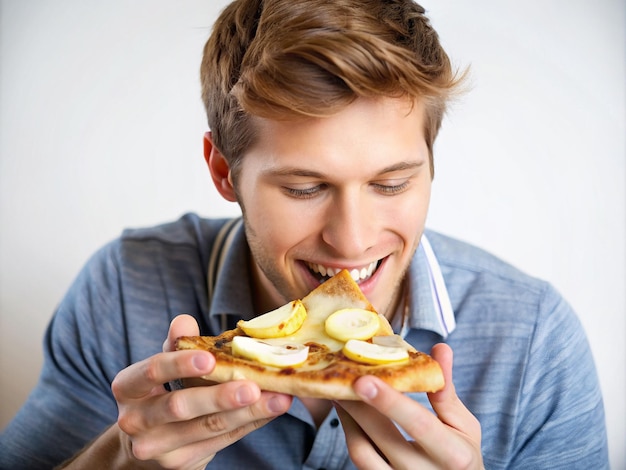 Photo a boy having caramelized pear and brie pizza