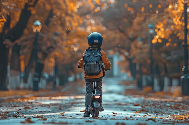 A boy in a helmet on an electric scooter in a city park