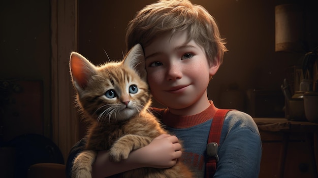 A boy and his cat are holding a cat in a dark room.