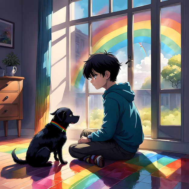 a boy and his dog are sitting on the floor and the rainbow is in the background