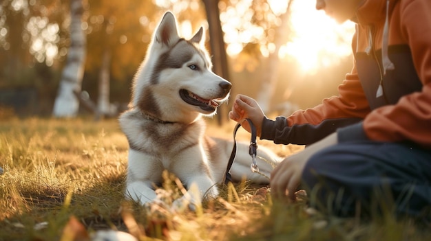 a boy and his dog are sitting in the grass and the boy is holding a leash with the dog on it