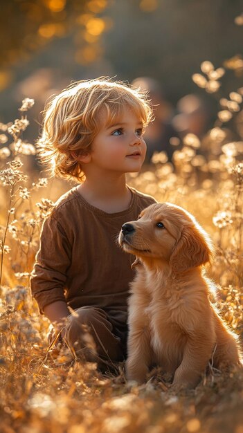 Photo a boy and his dog in a field of dandelions