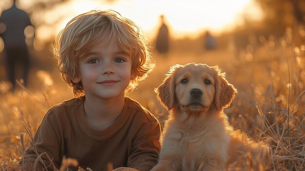 Photo a boy and his dog sit in a field with the words quot the word quot on the side