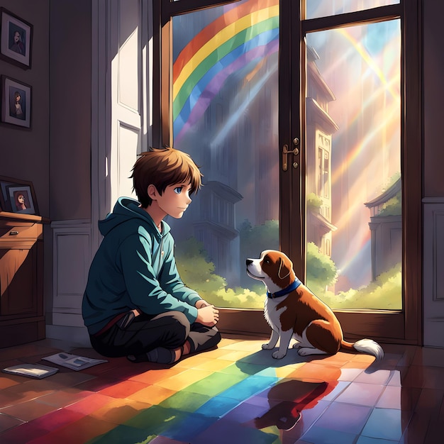 a boy and his dog sit in front of a window with the sun shining through them