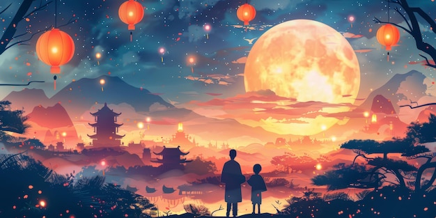 A boy and his father are standing on a hill and looking at the full moon