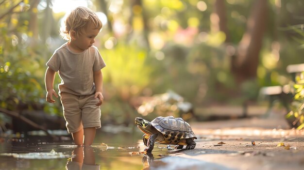 Photo boy and his turtle walking through a park