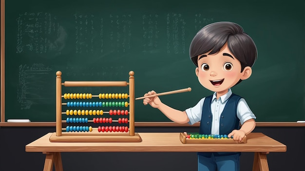 Boy holding abacus in front of blackboard