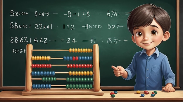 Photo boy holding abacus in front of blackboard