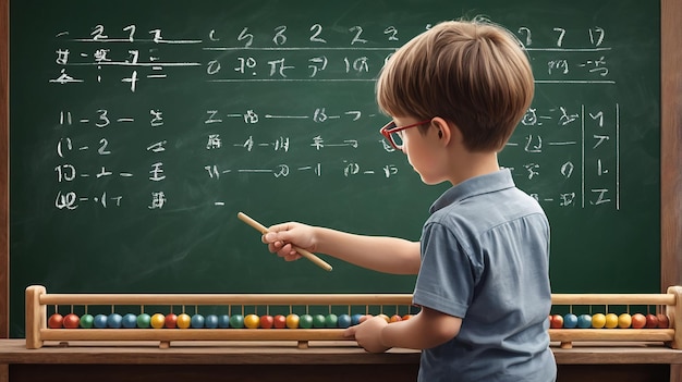 Photo boy holding abacus in front of blackboard