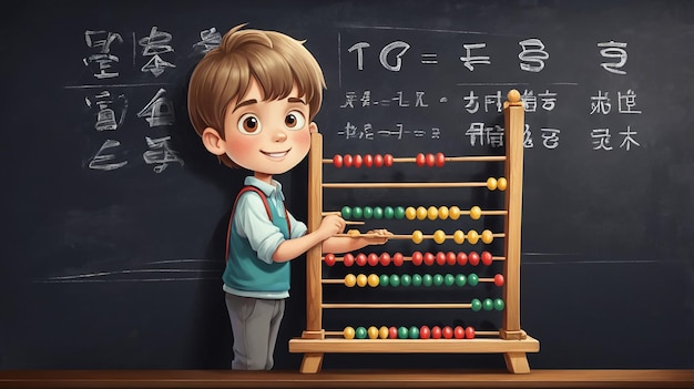 Photo boy holding abacus in front of blackboard