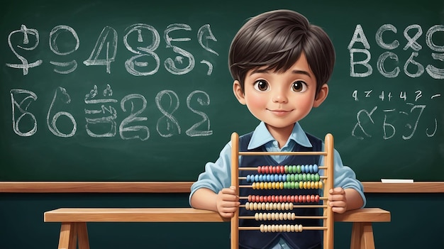 Boy holding abacus in front of blackboard