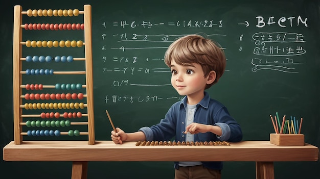 Boy holding abacus in front of blackboard