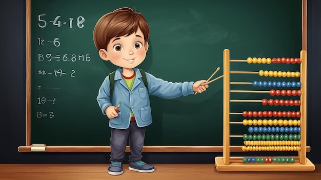 Boy holding abacus in front of blackboard