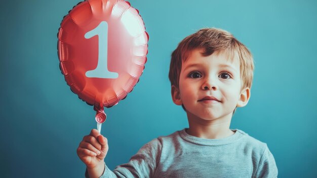 Photo a boy holding a birthday balloon in the shape of a number one