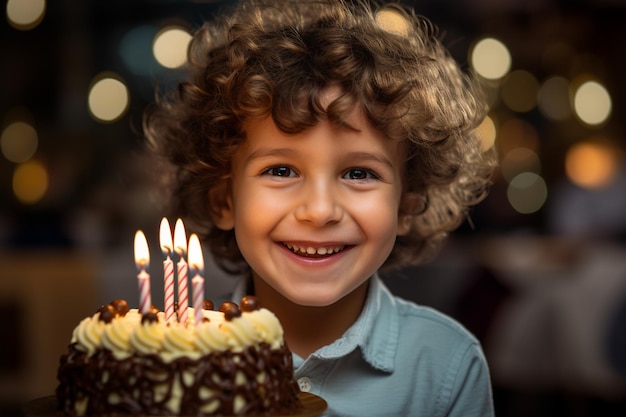 a boy holding a birthday cake with several candles on bokeh style warm background