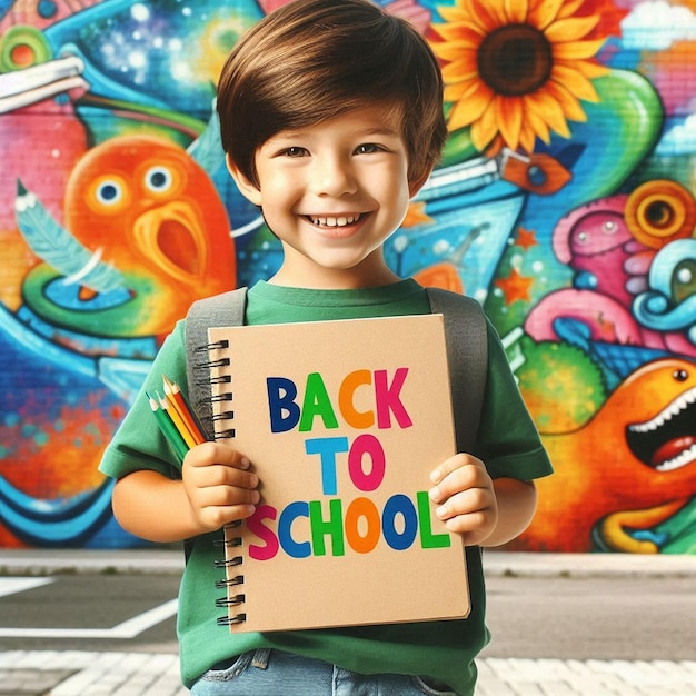 a boy holding a book that says back to school