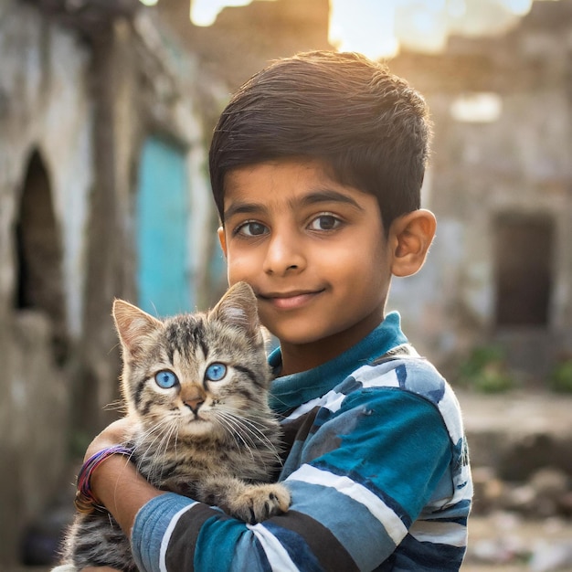 a boy holding a cat that has blue eyes