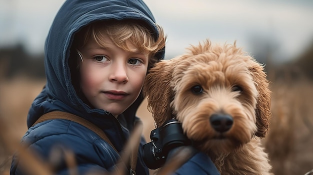 Boy holding a dog with a blue hoodie