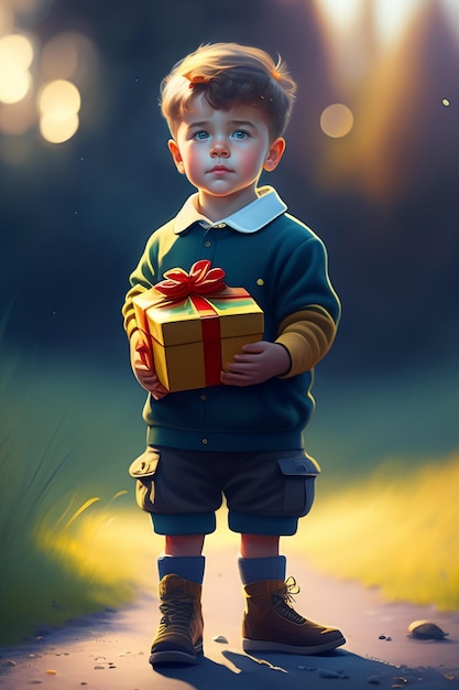 A boy holding a gift in a field