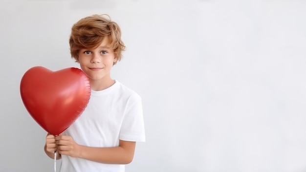 Photo boy holding a heartshaped balloon on a white background isolated on white