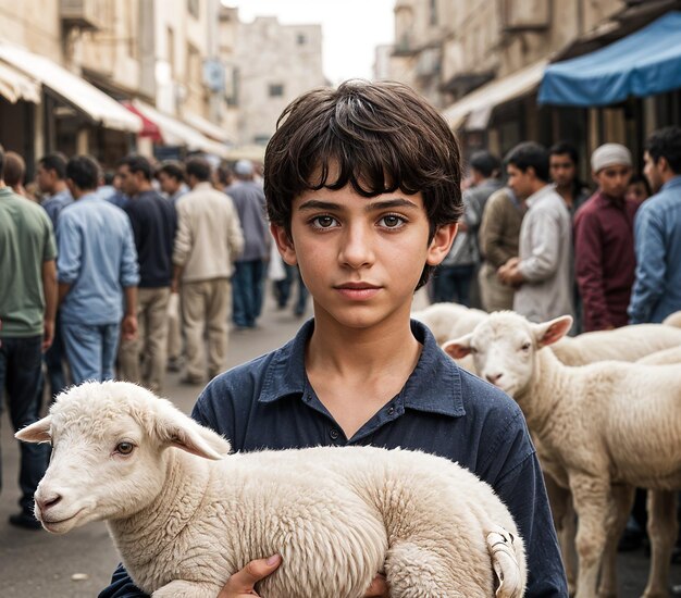 A boy holding a lamb in his arms in the street