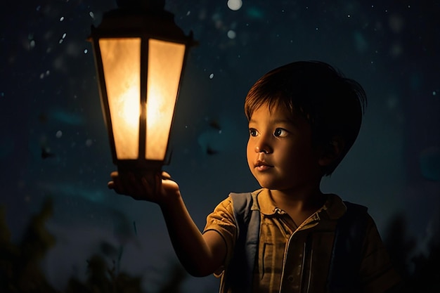 Photo a boy holding a lantern that is lit up with the night sky in the background