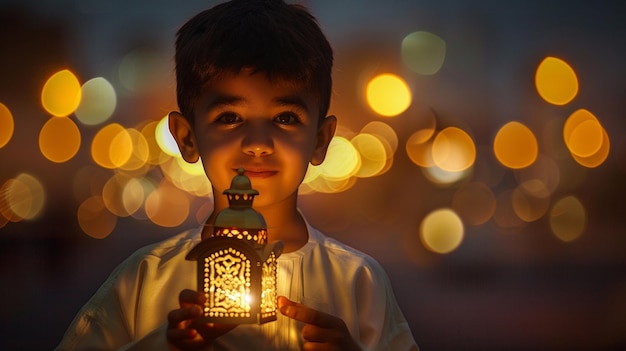 Photo a boy holding a lantern that says quot a lantern quot in the background