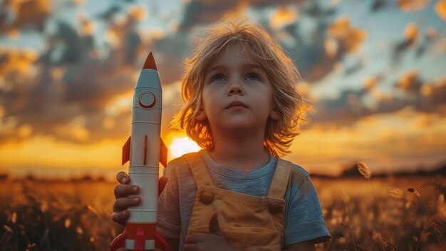 a boy holding a rocket that says  the word  on it