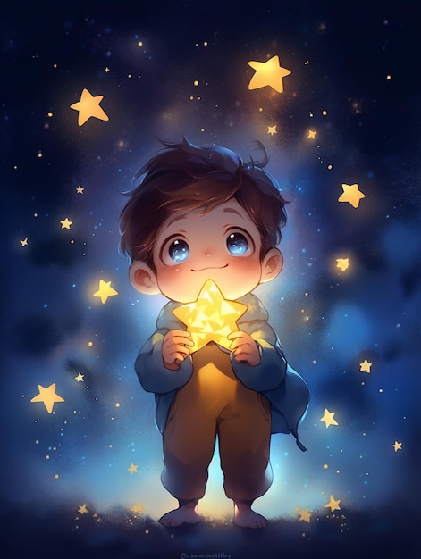 A boy holding a star in the sky