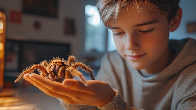 Photo boy holding a tarantula in his hand