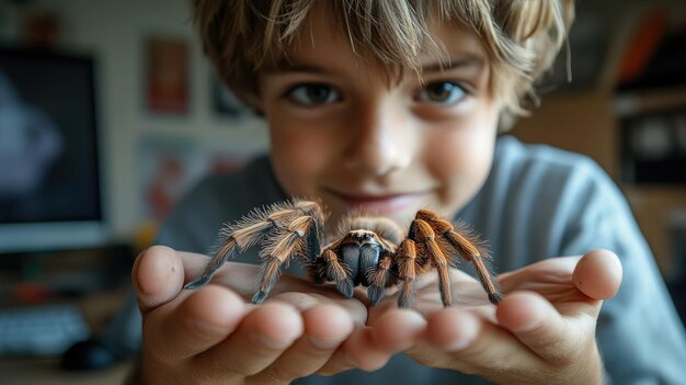 Photo boy holding a tarantula in his hand