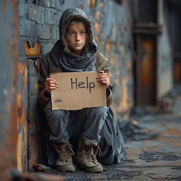 a boy holds a cardboard sign that says help help