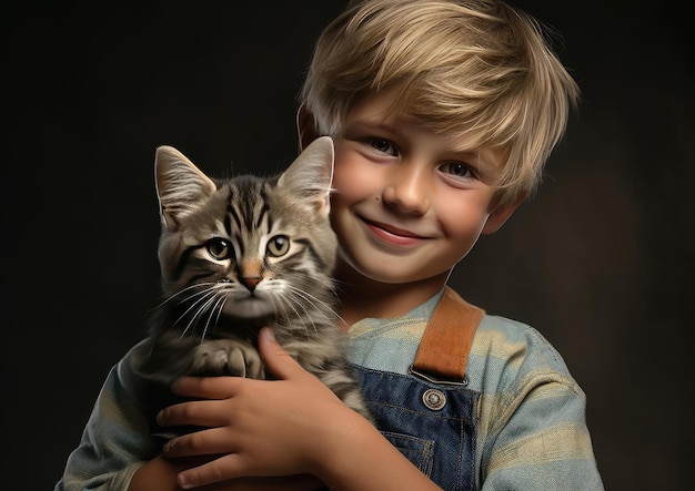 A boy holds a cat in his hands