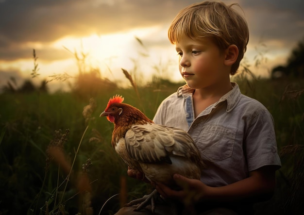 A boy holds a chicken in his hands