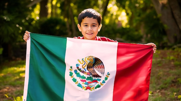 a boy holds a flag that has the emblem on it