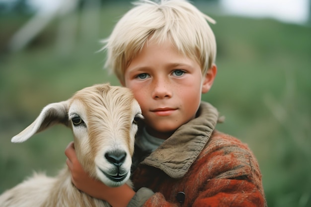 A boy holds a goat in a field.