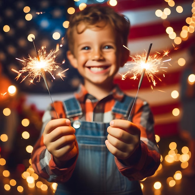 a boy holds sparklers in front of a flag