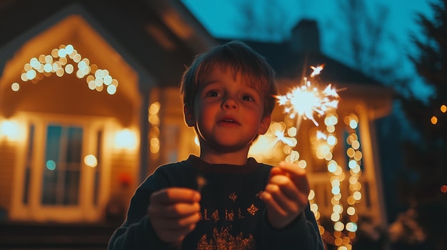 Photo a boy holds sparklers in front of a house