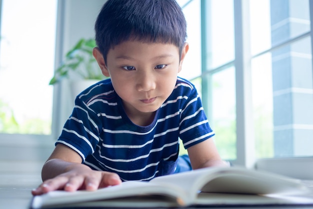 The boy intends to read books or do homework. Children study at home during school holidays. Educational concepts for reading, online learning