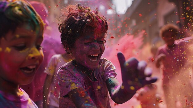 Photo a boy is covered in colored powder with the word quot happy quot on it