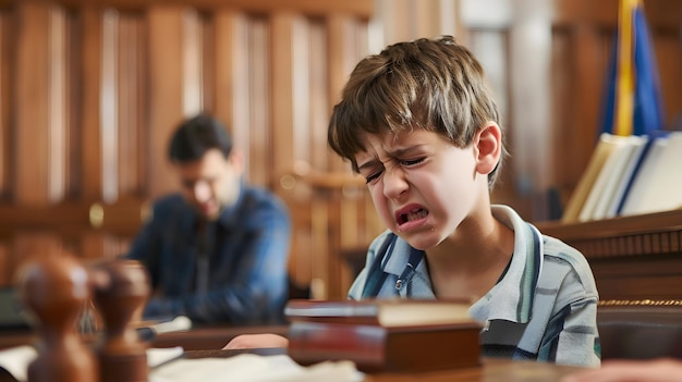 a boy is crying while a man is sitting behind him