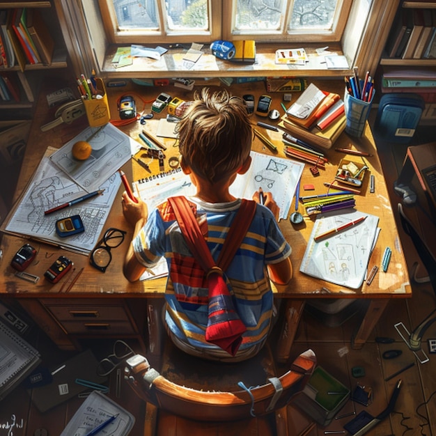 a boy is drawing in a room with a pencil on the table