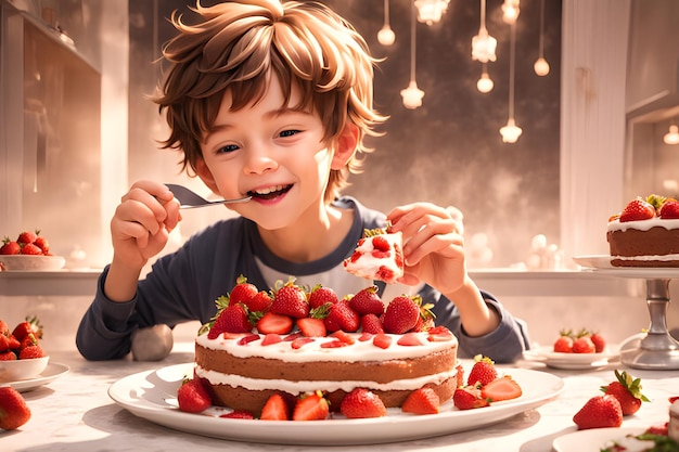 a boy is eating a cake with a fork and a cake with strawberries on it